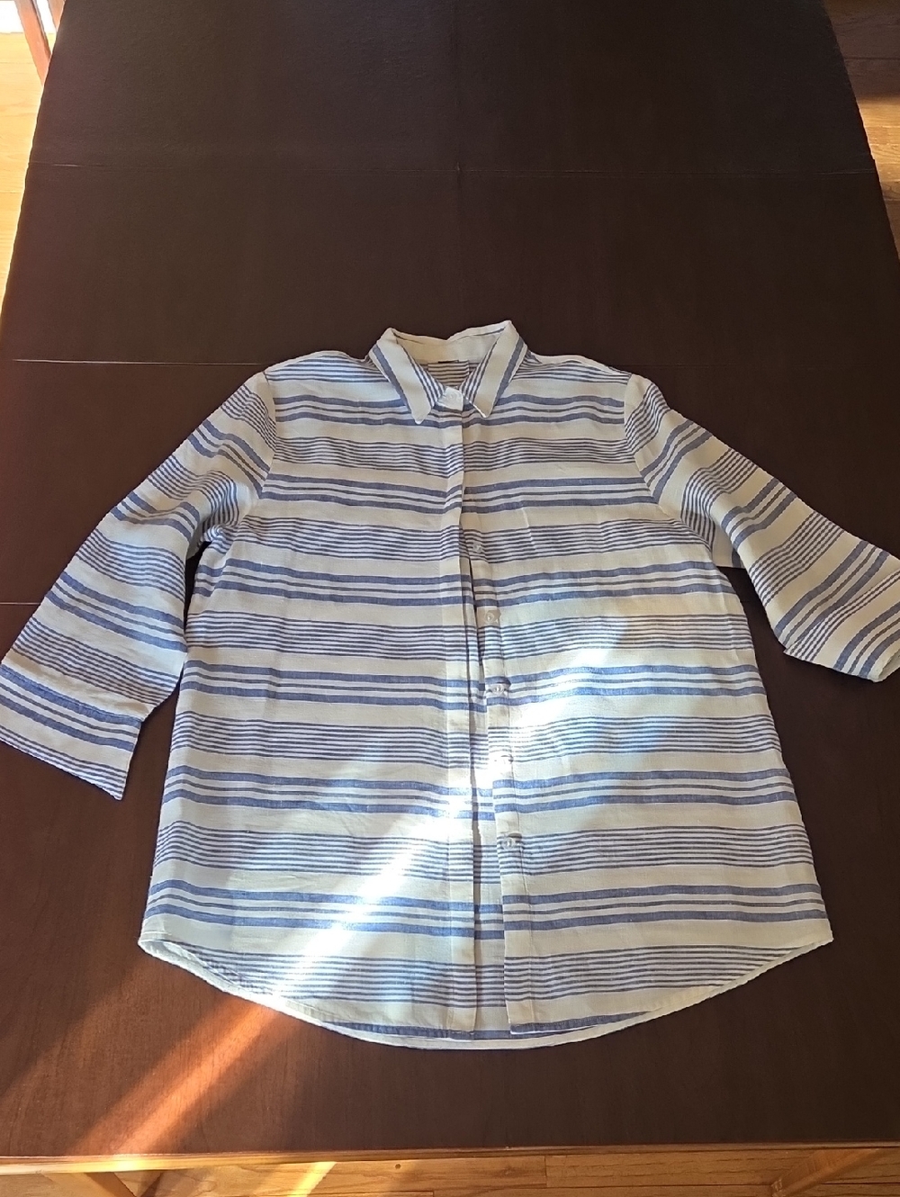 Striped Button-Up Shirt in White and Light Blue